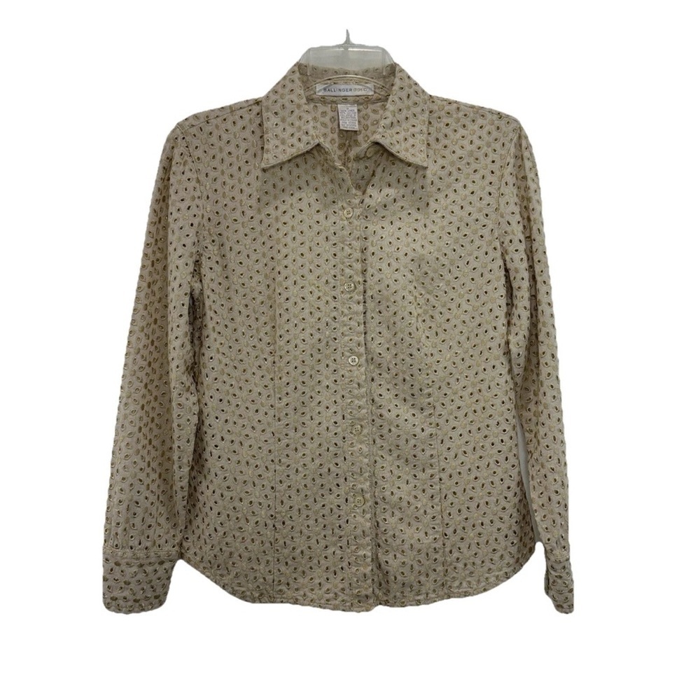 Ballinger Gold Dressy Button Up Blouse Women’s Small Beige Linen Golden Eyelet
